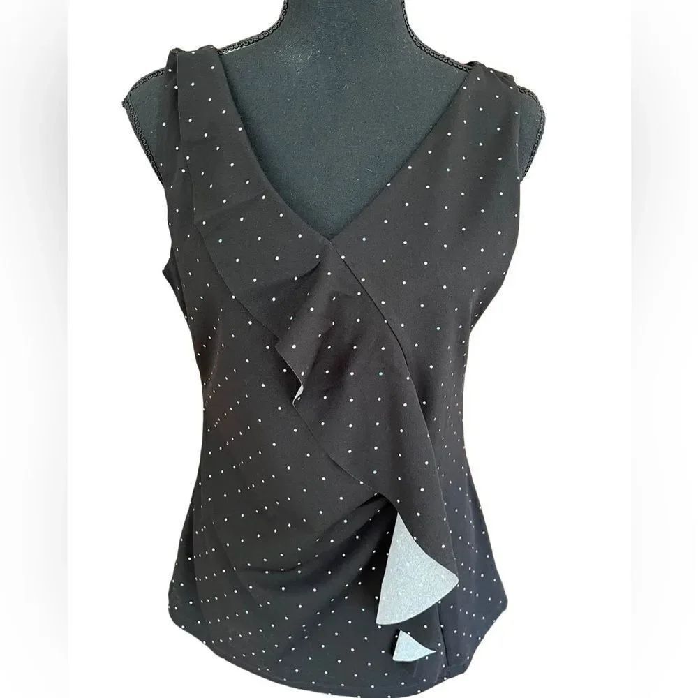 Ann Taylor Factory sleeveless black/white polka dot ruffle front top size Small